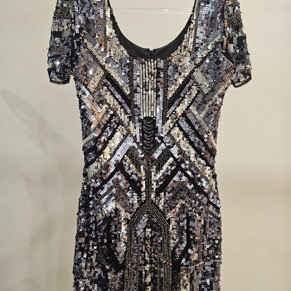 Guess by Marciano Black/Silver Sequin Cocktail Dress (Cap Sleeves) - Picture 2 of 7